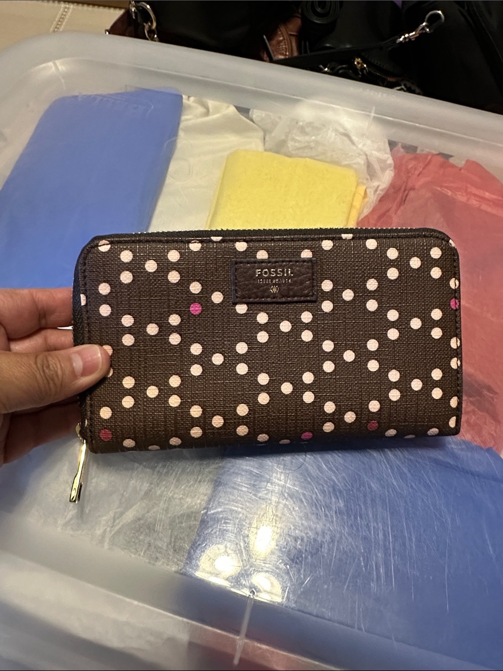 Fossil Brown Polka Dot Zip Wallet with Pink and Cream Dots